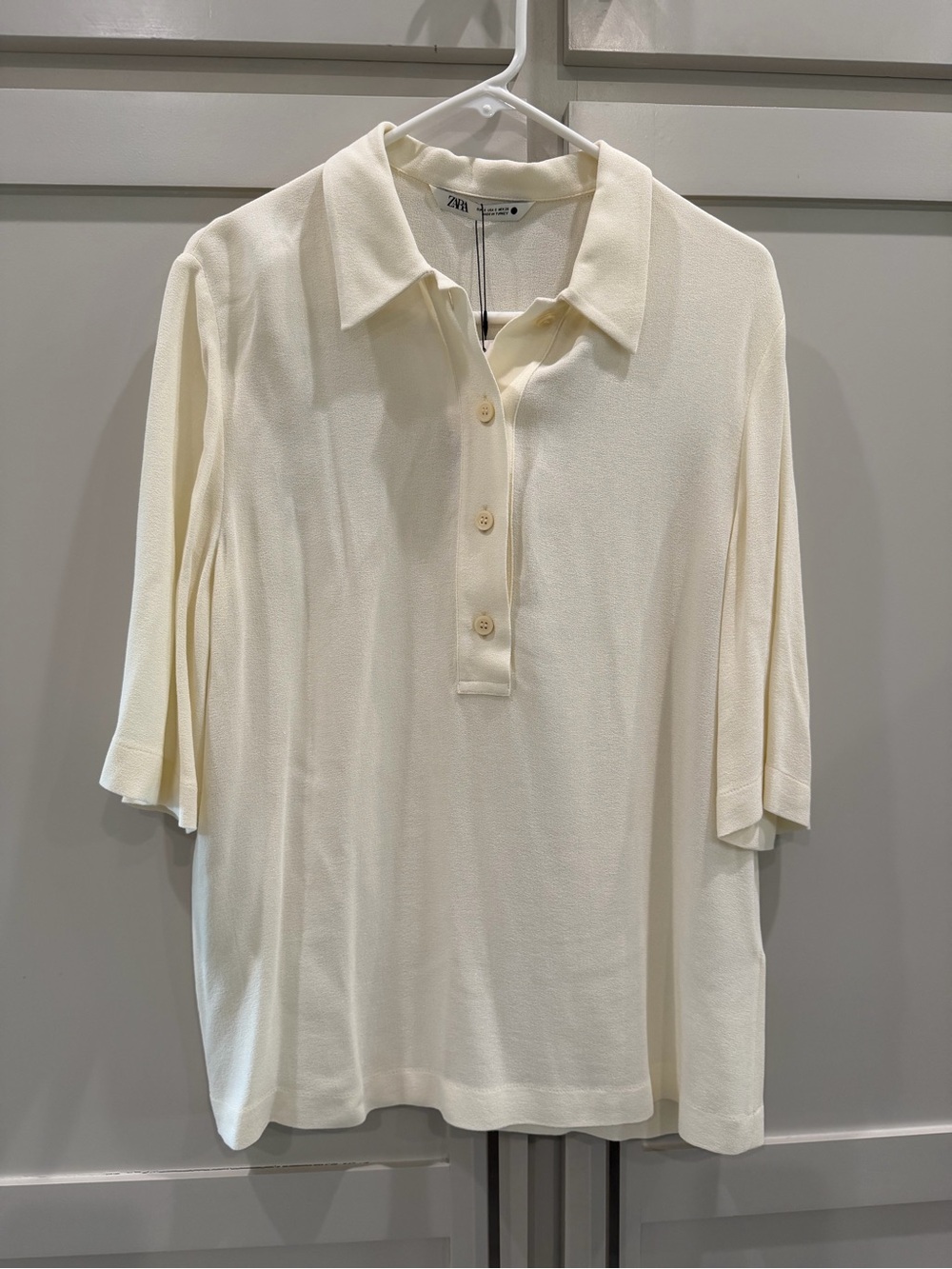 Zara Ivory Short-Sleeve Polo Blouse